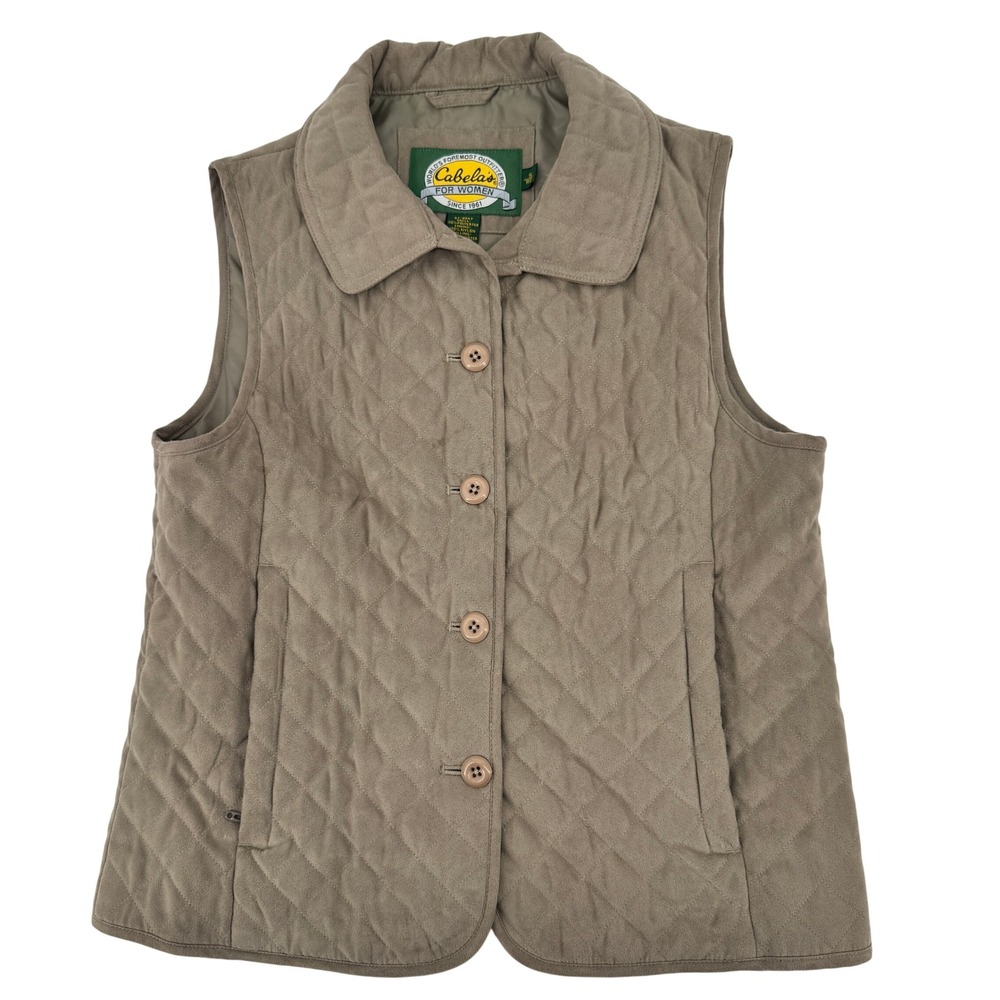 Cabelas Quilted Vest Womens Small Taupe Faux Suede Button Up Collared Outdoor